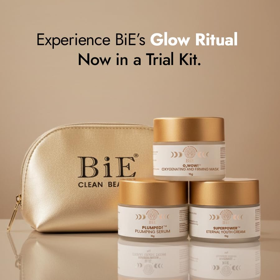 BiE Daily Glow Trial Kit | Travel Size Skincare Combo Set | Face Mask, Serum , Moisturiser & Travelling Pouch | Instantly Detans, Hydrates, Boosts Collagen & Strengthens Skin Barrier | 4pcs