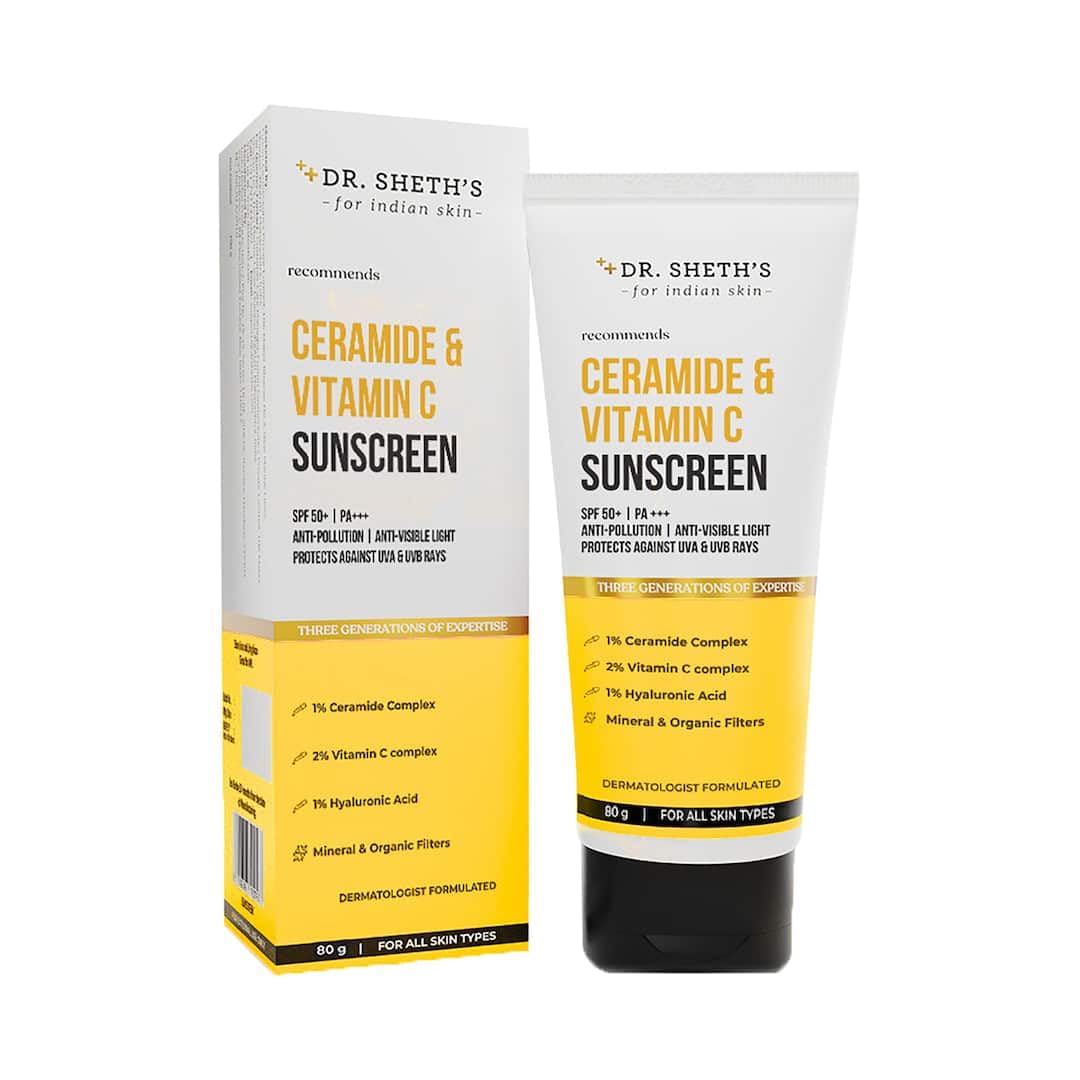 Dr. Sheth's Ceramide & Vitamin C Sunscreen | SPF 50+ Pa+++ | In-Vivo Tested | For Bright Skin & Healthy Glow | Non-Greasy, Quick-Absorbing, No White Cast | UVA/B & Bluelight Protection | For Men & Women | For All Skin Type | 80 g