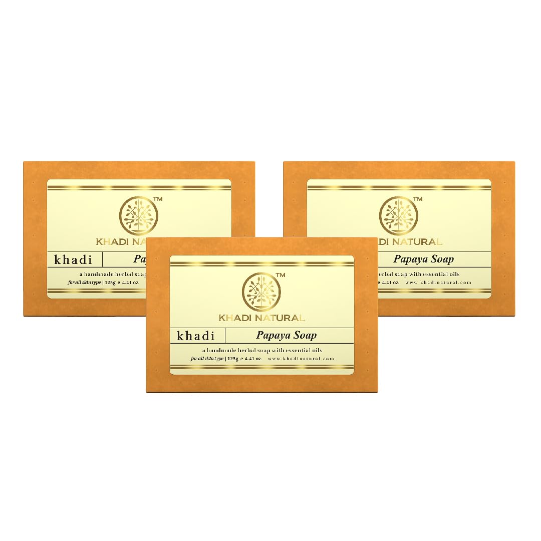 Khadi Natural Papaya Handmade Soap| Herbal Soap for tan removal| Handmade bathing soap| Suitable for all skin types|Pack of 3 (125gm*3) (375gm)