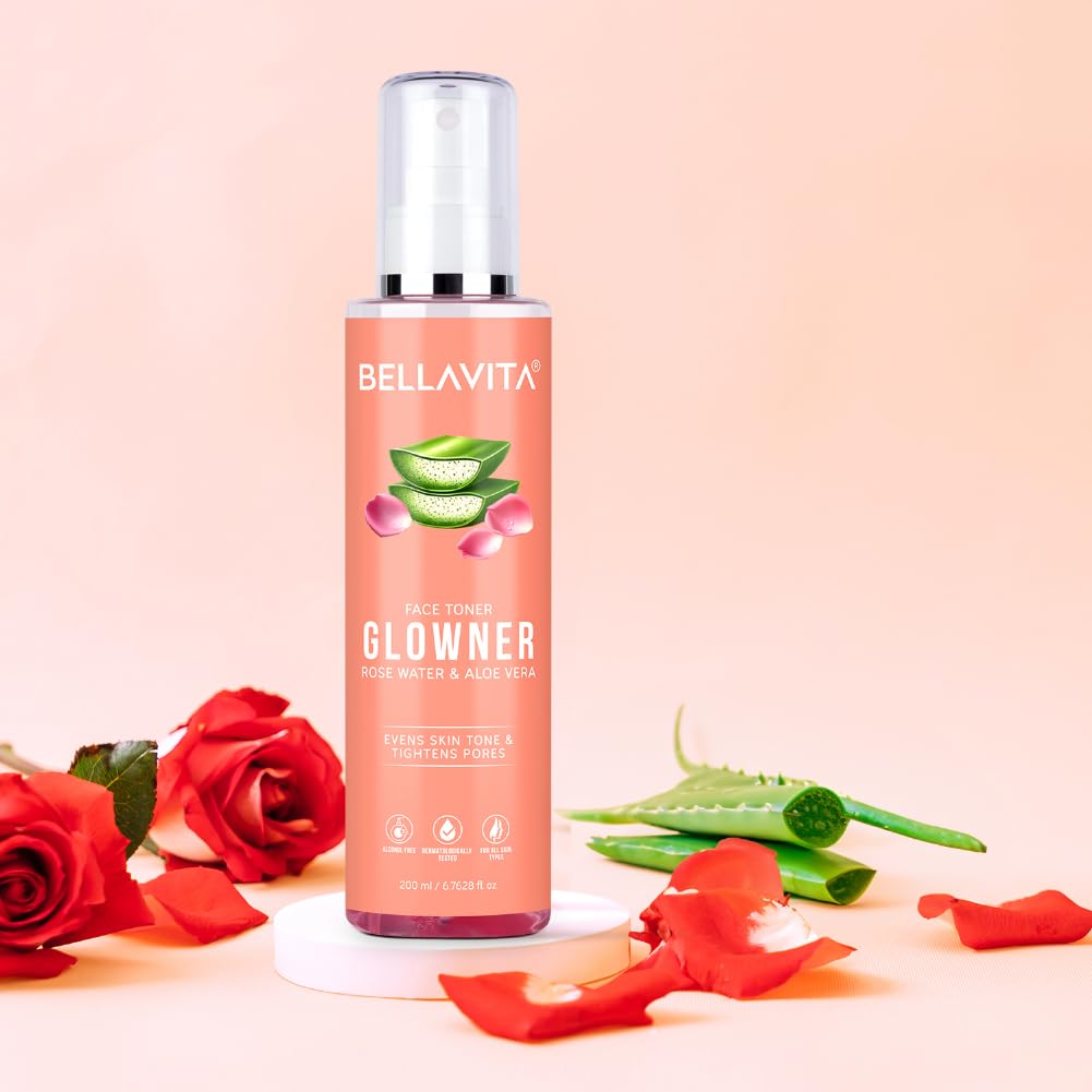 Bella Vita Organic Glowner Face Toner, Alcohol free, Rose Water 200ml Pore Minimizing Tightening Natural Toner Spray for Glowing Skin - All Skin Types