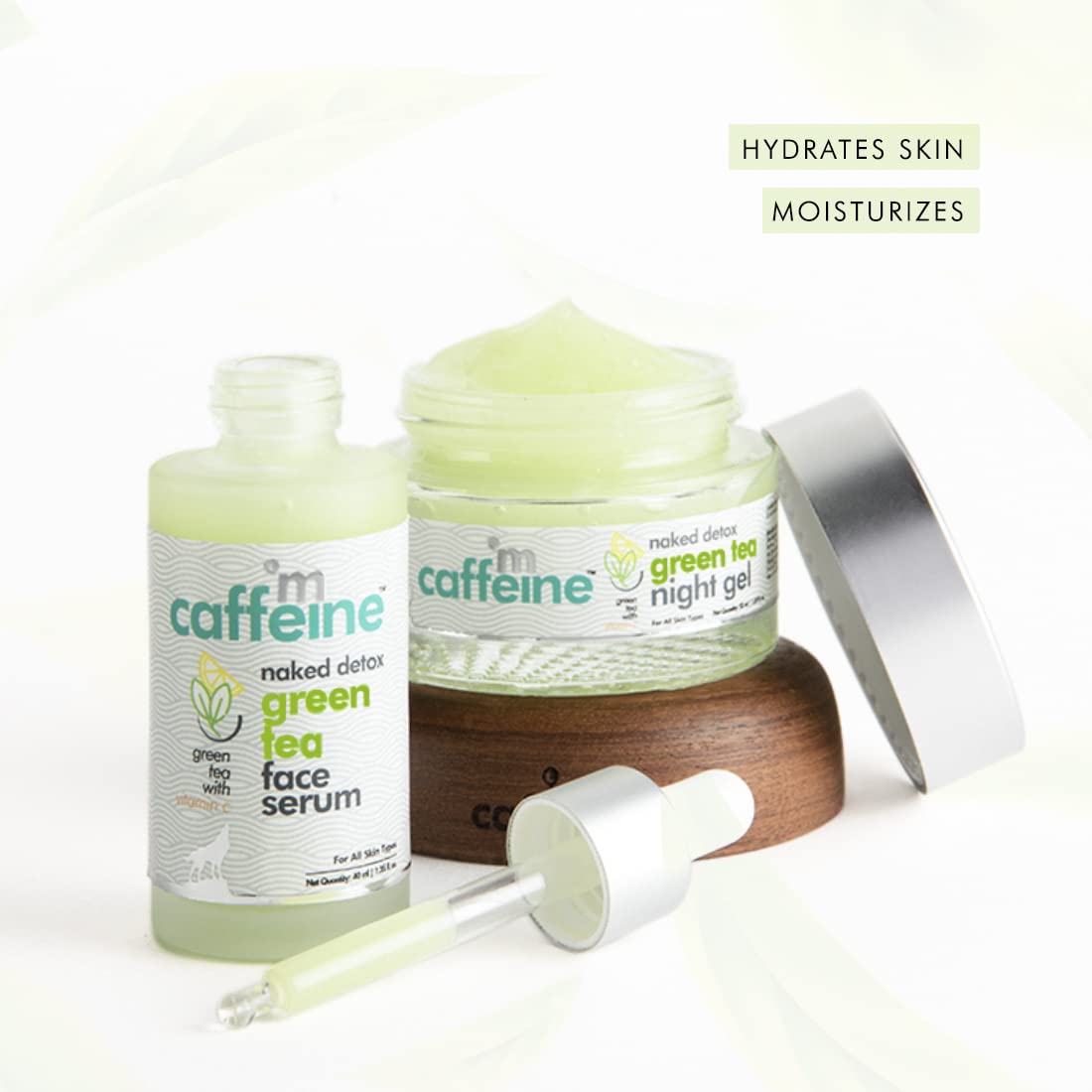 mCaffeine Green Tea Night Hydration Routine with Face Serum & Night Gel | Enriched with Vitamin C | Soothing & Calming Aroma | Pack of 2