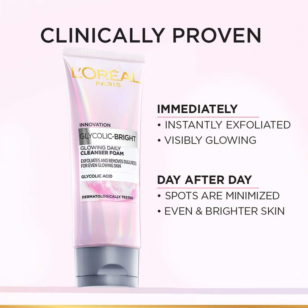 L’Oréal Paris Glycolic Bright Daily Foaming Facial Cleanser, Daily Glowing Facial Cleanser 100ml + L'Oreal Paris Glycolic Bright Glowing Day Cream Reveals Glowing skin, 15ml (2 ITEM IN SET)