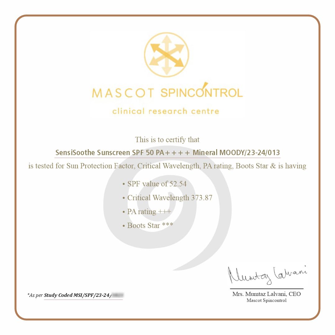 Moody SensiSoothe Mineral Brightening Sunscreen Serum With Ceramides & Rice | SPF 50 PA++++ for All Skin Types | No White Cast, Non-Comedogenic, Dermatologist Tested - 50ML