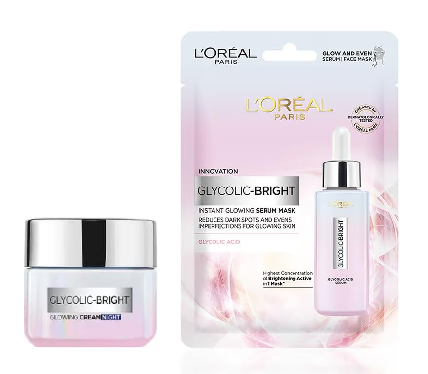 L'Oreal Paris Glycolic Bright Glowing Night Cream - 15ml + Glycolic Bright Glowing Serum Sheet Mask