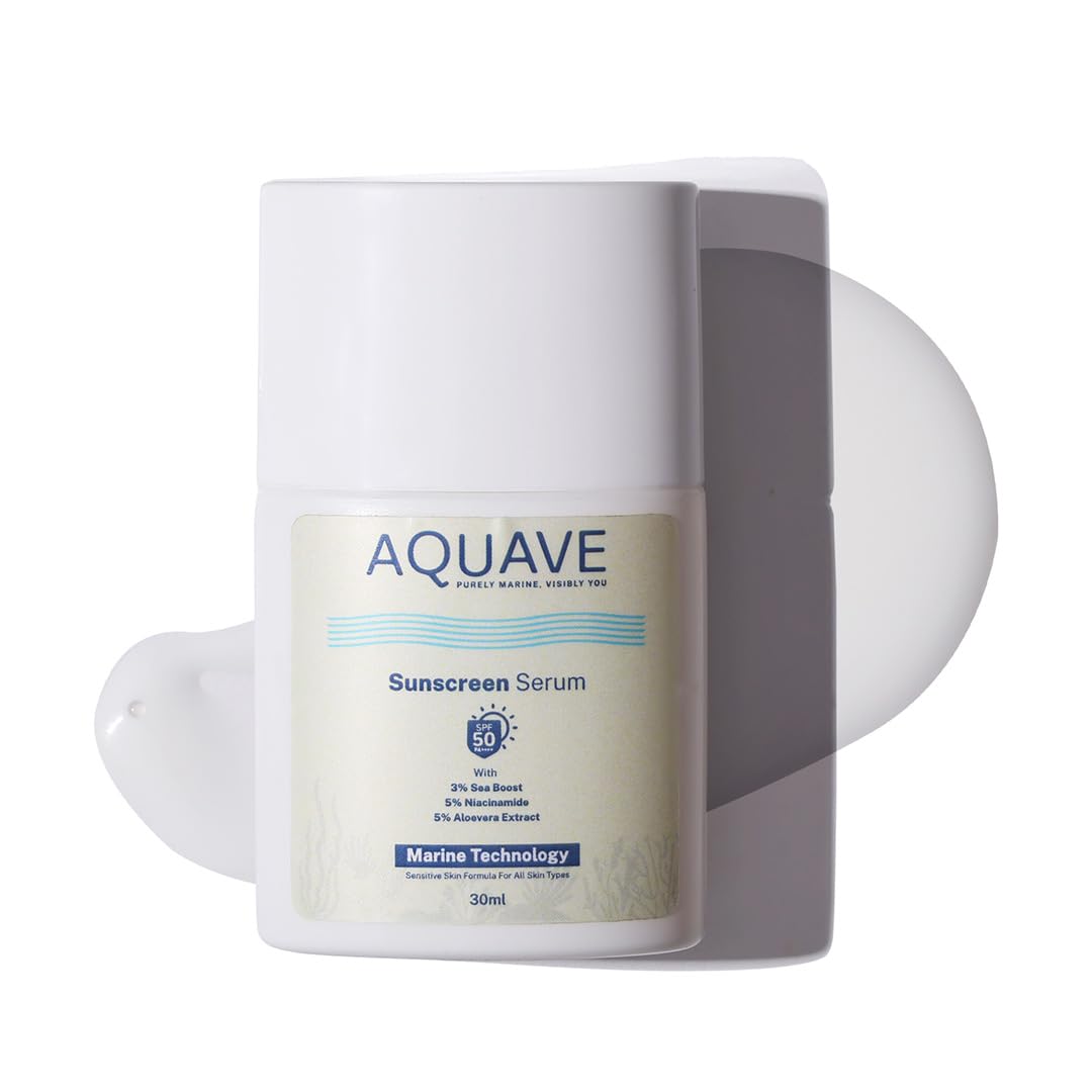 AQUAVE SPF 50 PA++++ Serum Sunscreen (30ml) 5% Niacinamide & 3% Sea Boost Superlight Marine-Based | 1% Hyaluronic Acid & 5% Aloe Vera | No White Cast | For All Skin Types (Oily, Dry, Acne-Prone) | Men & Women | Pocket Sunscreen