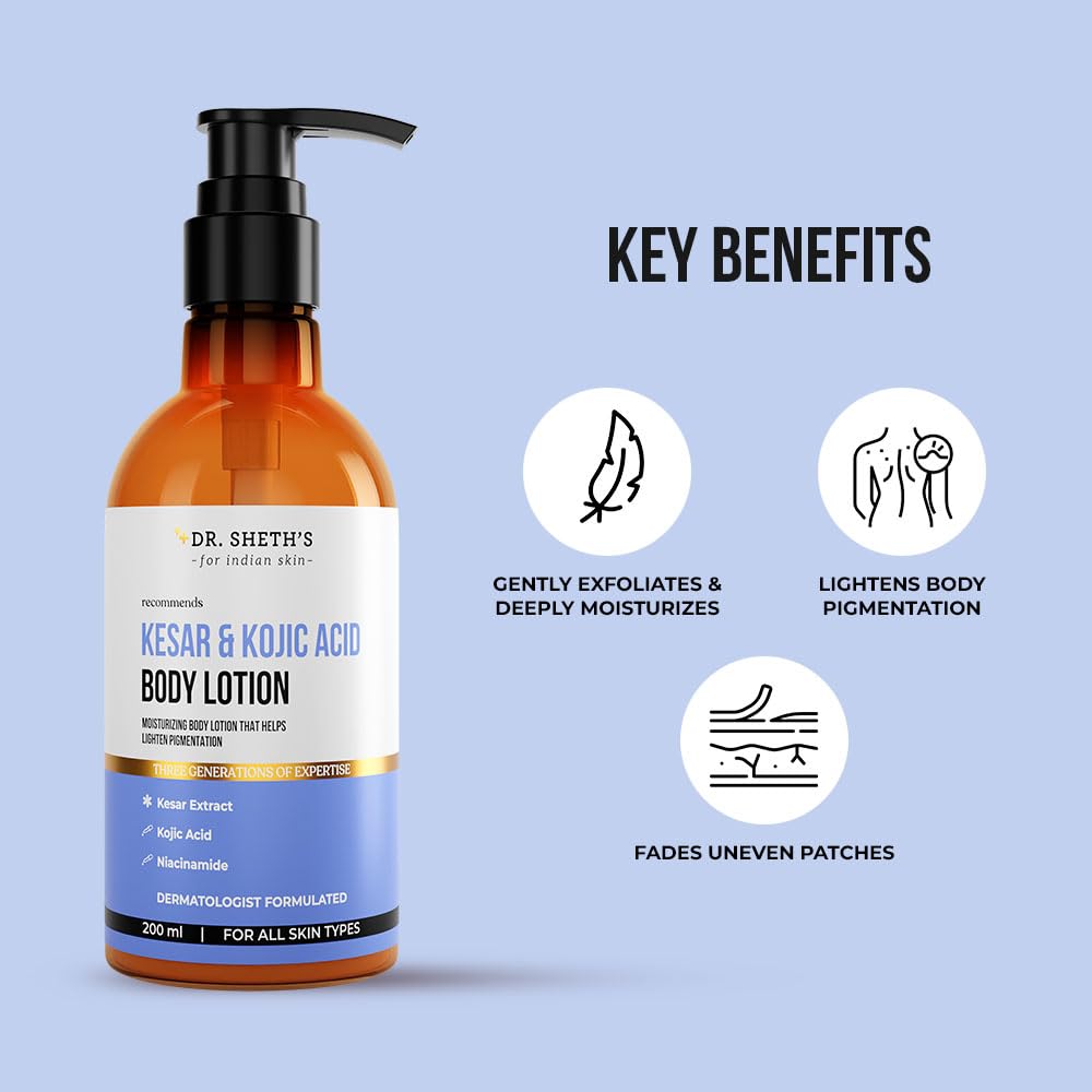 Dr. Sheth's Kesar & Kojic Acid Body Lotion | Reduces Body Pigmentation | Quick-Absorbing & Moisturizing Formula | With Kojic Acid & Niacinamide | For Nourished, Spot-Free Skin | Men & Women | 200mL