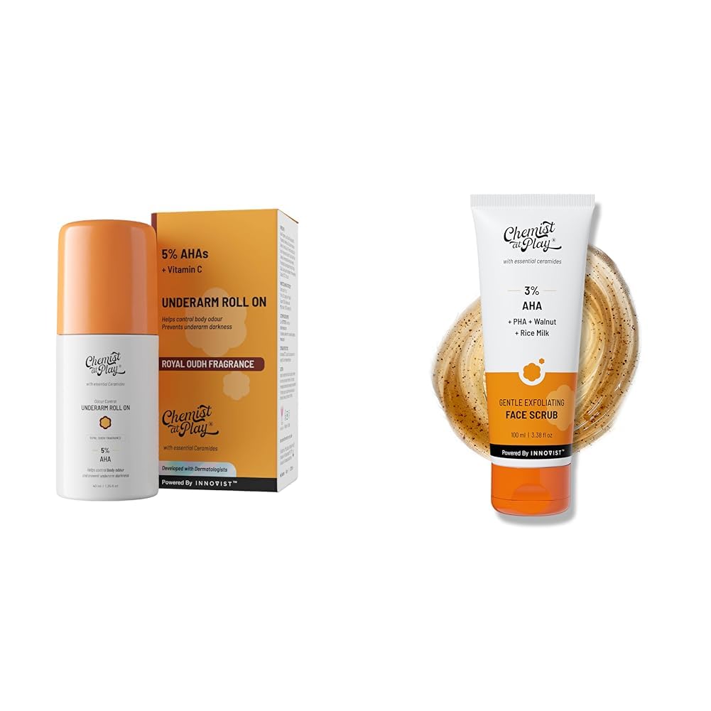 Chemist At Play UnderArm Roll-On Deodorant with 5% AHA, Lactic Acid & 1% Mandelic Acid Vegan | SLS Free | 40ml Gentle Exfoliating Face Scrub with Mandelic Acid & Walnuts for Women & Men | 100ml