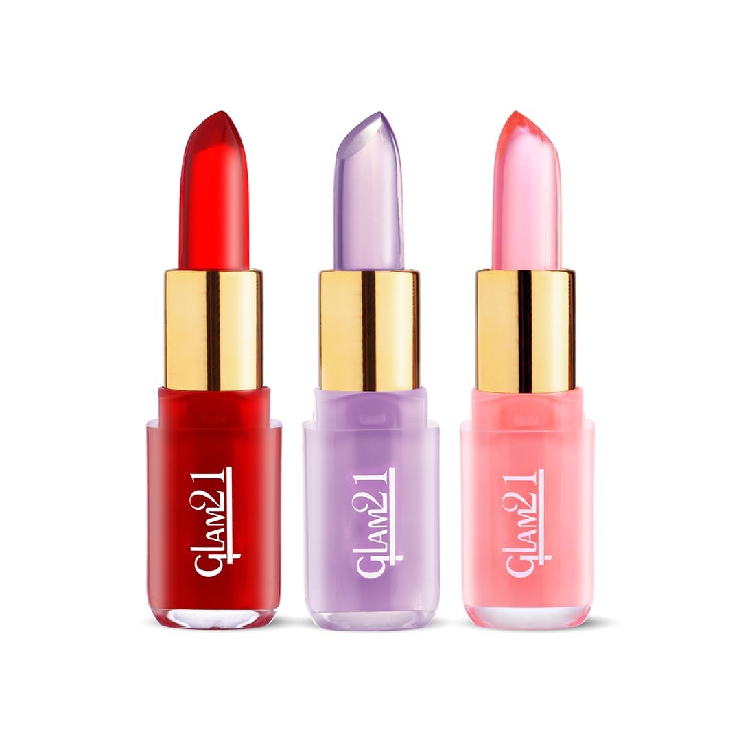 Glam 21 Jelly Pop Fruity Gel Lipstick| Moisturising | Glossy Finish | Gives A Natural Colour | Lightweight | Cranberry Pink, Strawberry Red & Blueberry Purple - Pack Of 3