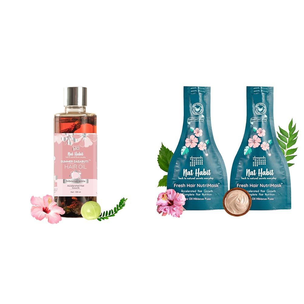 Nat Habit Hibiscus Hair Oil & Hair Mask Combo, Helps In Hair Growth, Conditioning & Smoothing With The Goodness of Herbs, Suitable For All Hair & Scalp Types (Combo Pack of 2)