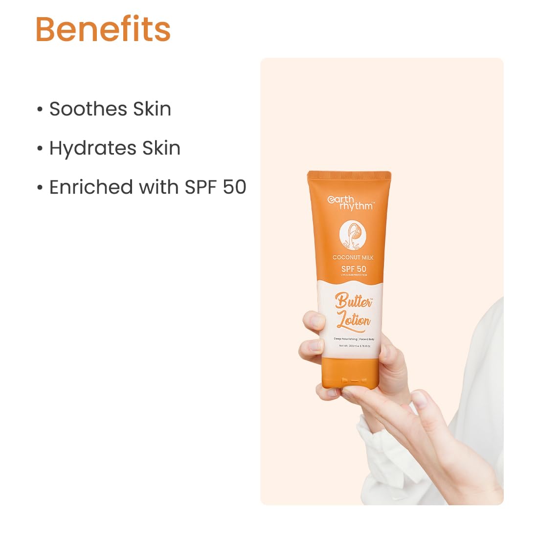 Earth Rhythm Coconut Milk Butter Body Lotion SPF 50 PA+++| Soothes Skin, Hydrates & UVA & UVB Sun Protection | for All Skin Type | Men & Women – 200ml