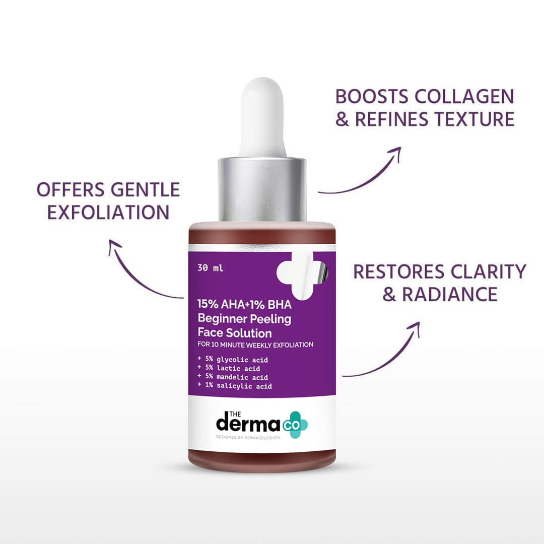 The Derma Co 15% AHA + 1% BHA Beginner Repairing, Radiant Skin, Exfoliating, Removes Impurities Face Peeling Solution for 10-Minute Weekly Exfoliation - 30ml(dermaco)