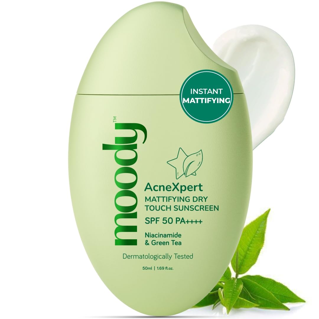 Moody AcneXpert Ultra Matte Dry Touch Sunscreen Gel with Niacinamide & Green Tea for All Skin Types | Water & Sweat Resistant with SPF 50 PA++++ | No White Cast, Non-greasy & Non-comedogenic-50ML
