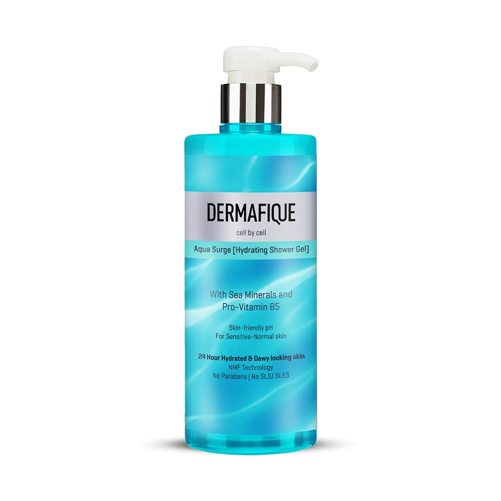 Dermafique Aqua Surge Shower Gel 500ml, Body Wash for Women & Men, No Parabens/SLS/SLES, with Sea Mineral & Pro Vitamin B5, For Hydrated Skin, Suitable for Sensitive-Normal Skin | Dermatologist Tested