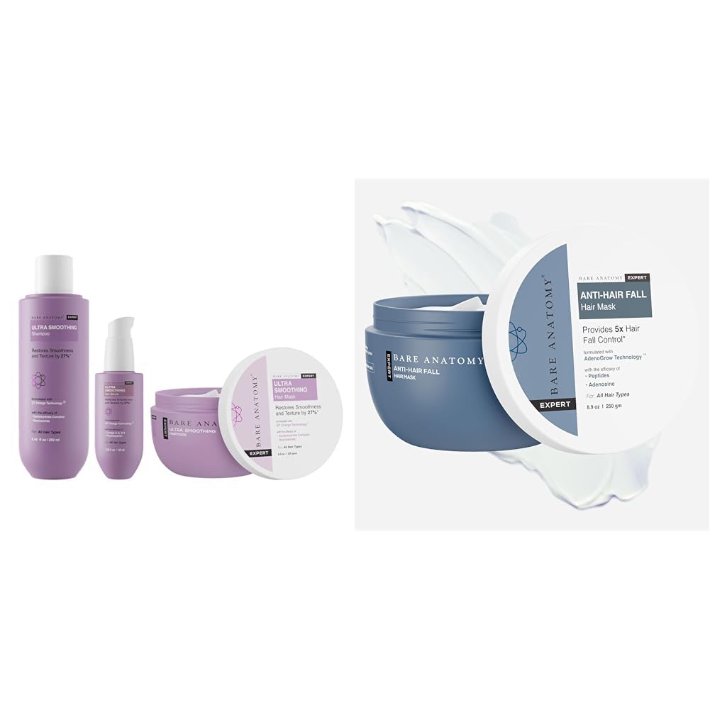 Bare Anatomy Ultra Smoothing Shampoo + Hair Mask + Serum Kit| Women & Men | 250ml + 250g + 50ml Anti-Hair Fall Mask Enriched with Adenosine and Peptides | 250 ml