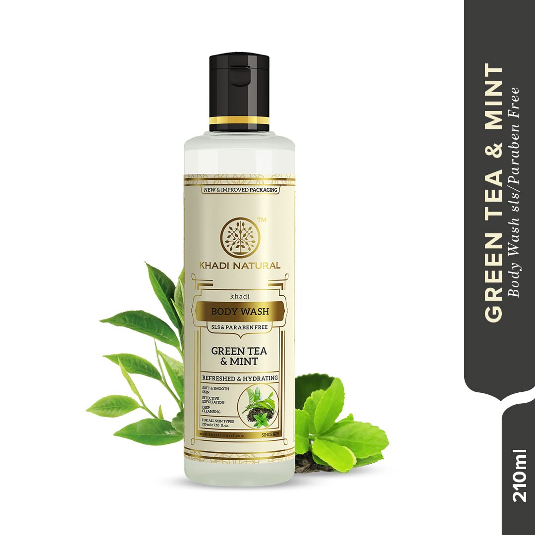 KHADI NATURAL Green Tea and Mint Herbal Body Wash, SLS and Paraben Free, 210 ml