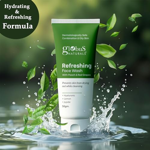 Globus Naturals Refreshing Face Wash with Peach & Red Grapes, For anti aging and moisturising, Suitable for Combination & Oily Skin 50gm