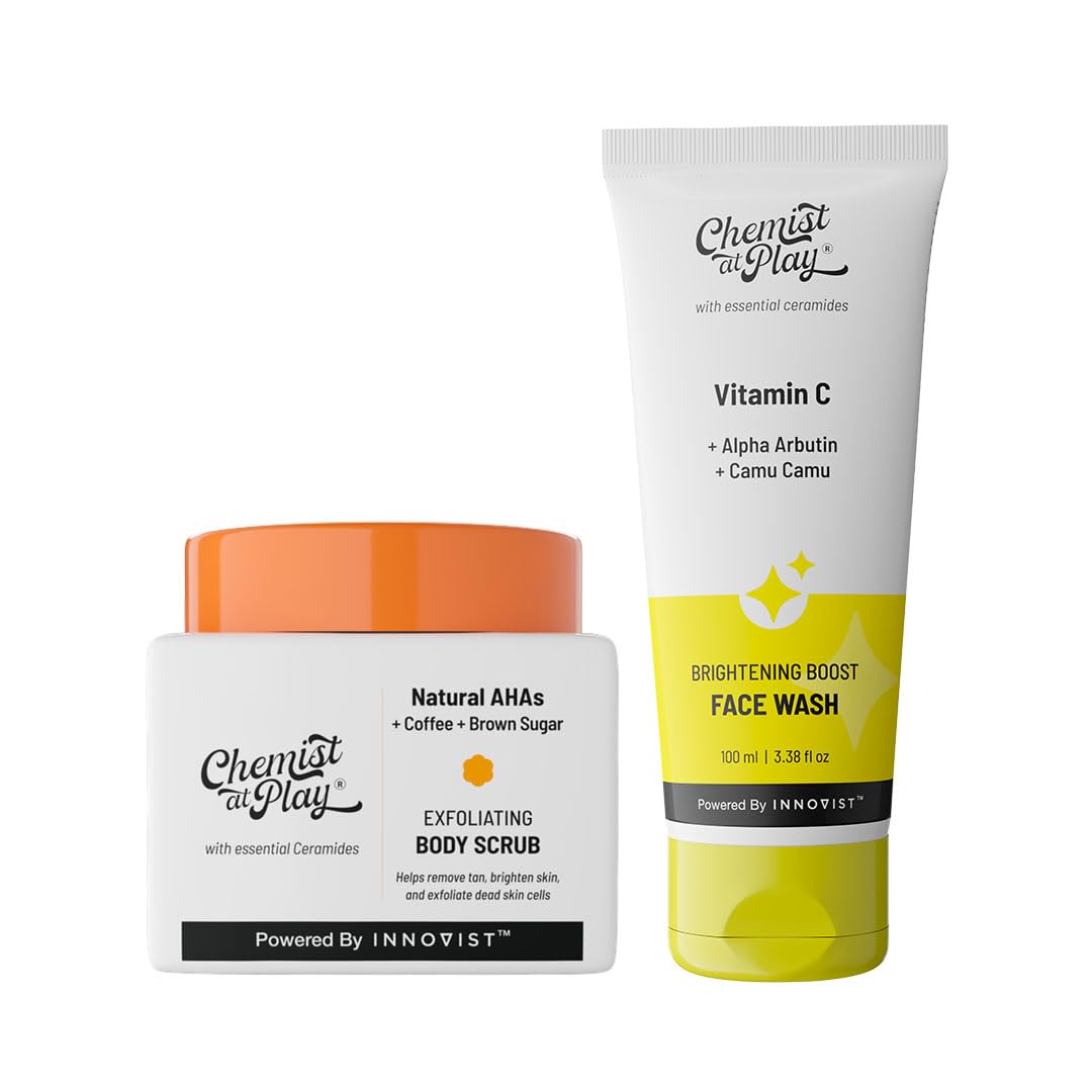 Chemist at Play Exfoliating Body Scrub For Removing Tan & Dead Skin Cells + Brightening Boost Face Wash with 30x Vitamin C 100 ml