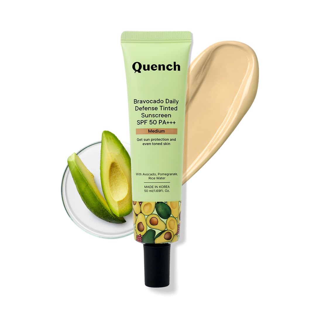 QUENCH BOTANICS Quench Daily Defense Tinted Sunscreen Spf 50 Pa+++ For Glowing Skin With Avocado & 2% Niacinamide Blue Light Protection Satin-Matte Finish Made In Korea Medium, 50Ml | For Normal Skin