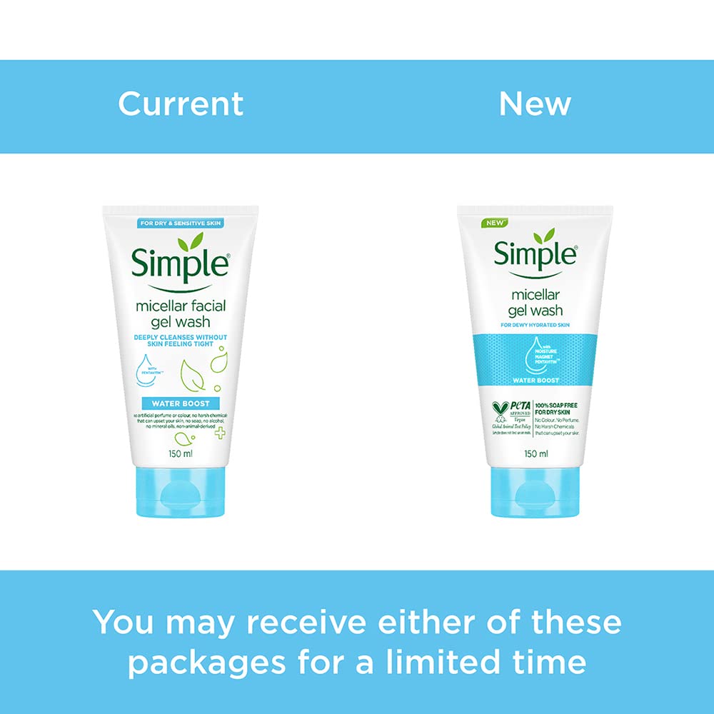 Simple Water Boost Micellar Face Wash 150ml for normal to dry skin | 100% soap-free gentle cleanser for women & men