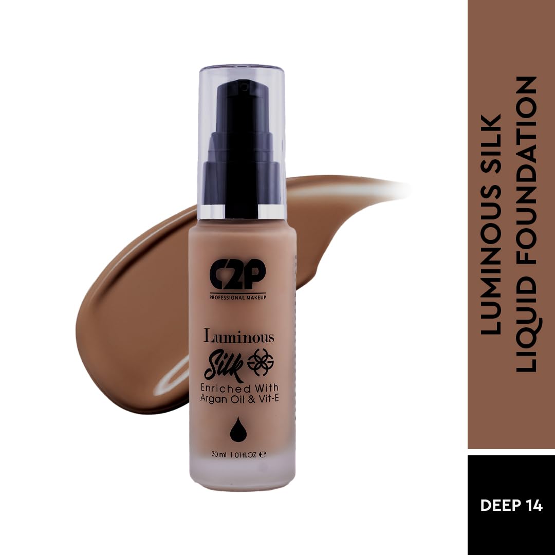 C2P Pro Luminous Silk Liquid Foundation For Women Face Makeup DARK 14, 30 ml | High Coverage For Dry Oily Combination Natural Glowing Skin | Waterproof Long Lasting | Argan Oil & Vitamin E