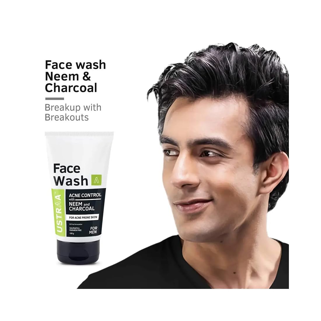 Ustraa Face Wash - Mint Cool - Dry Skin - 100g | Reduces Moisture Loss | Removes Dirt & Face Wash Acne Control - With Neem & Charcoal - 100g - Oil control, Prevents Acne