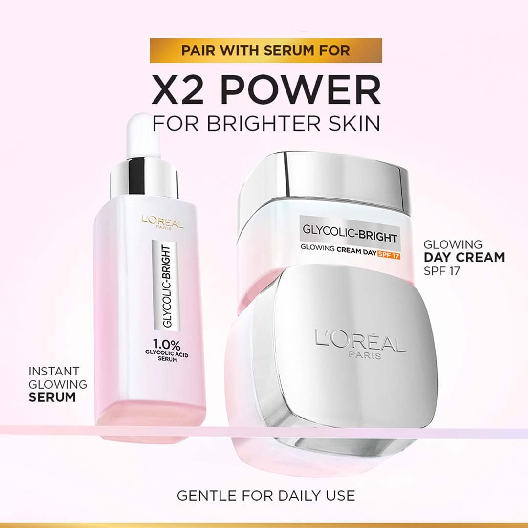 L'Oreal Paris Glycolic Bright Glowing Day Cream, Overnight Brightening Cream, Glycolic Acid in Gel-Like Cream Texture, that Visbily Minimizes Spots & Reveals Glowing skin, 50ml