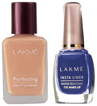 Lakmé Perfecting Liquid Dewy Full Coverage Foundation for All Skin Type, Marble, 27 Ml & Insta Liquid Eye Liner, Blue, 9 Ml