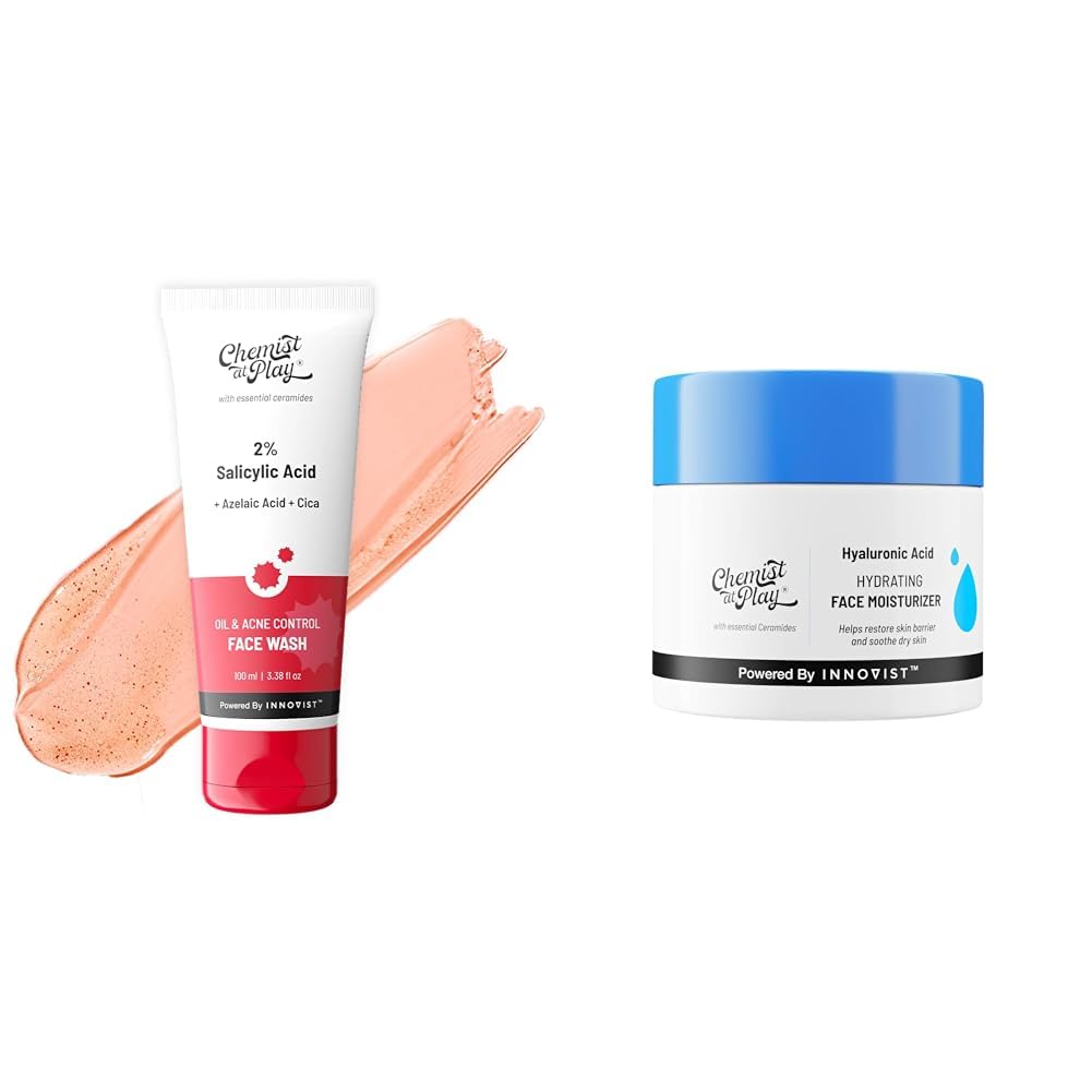 Chemist At Play + 2% Salicylic Acid Acne Face Wash For Oily Skin with Niacinamide For Men & Women | 100 ml Hydrating Face Moisturiser 50 gm