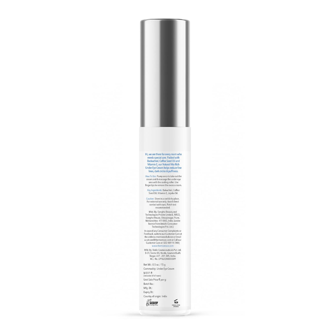 The Moms Co. Natural Vita Rich Under Eye Cream for Dark Circles for Women & Men enriched with Chia Seed Oil, Coffee Oil, Vitamines E & B3 with Cooling Massage Roller to Reduce Dark Circles, Puffiness and Fine Lines (15g/0.5 oz)