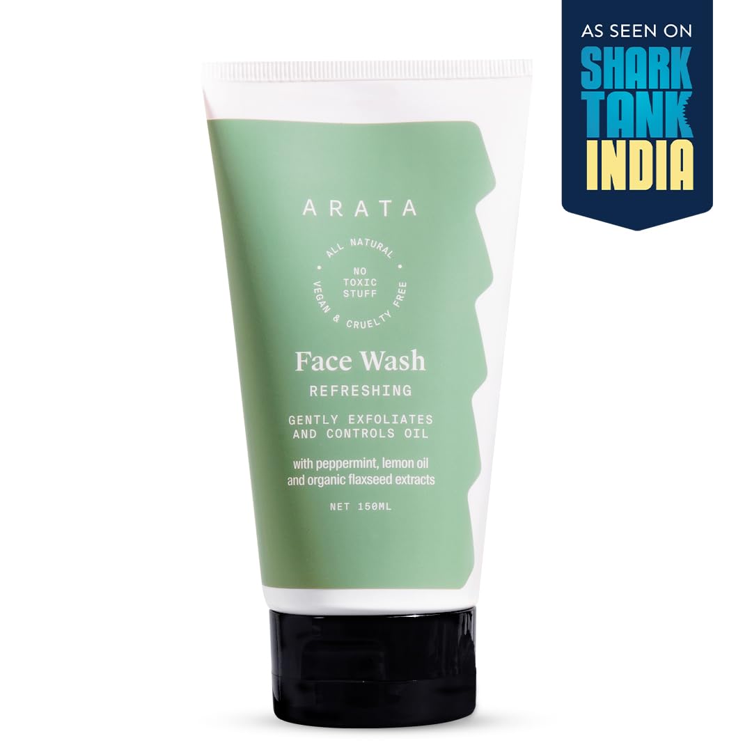 Arata Refreshing & Hydrating Face Wash 150ml | With Peppermint, Lemon Oil & Flax Seed Extracts | For Dry, Oily, Sensitive Skin | Detoxifies, Gently Exfoliates, Controls Oil and Dirt | For Women & Men