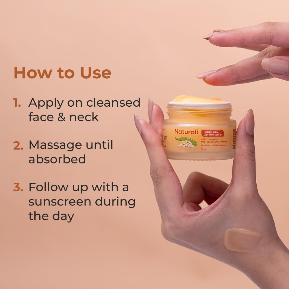 Naturali Radiant Glow Gel Moisturiser | With Superfoods Pea, Quinoa & Niacinamide | Promotes Skin Glow | Improves Even Skin Tone | Paraben-free | For All Skin Types | Best Glow Moisturiser | 50ml