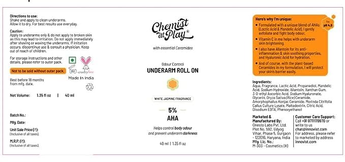 Chemist at Play UnderArm Roll-On Deodorant with 5% AHA, Lactic Acid & 1% Mandelic Acid | Prevents Body Odour, Brightens Skin & Exfoliates Underarm | White Jasmine Fragrance 40ml (Pack of 3)