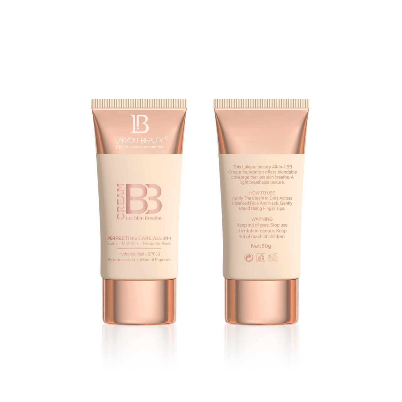 Lakyou Beauty BB Cream Let Skin Breathe - Perfecting Care All-in-One, Evens, Mattifies, Reduces Pores, Hydrating with SPF 30, Hyaluronic Acid & Mineral Pigments, 60ml (02(Soft Ivory), 60)