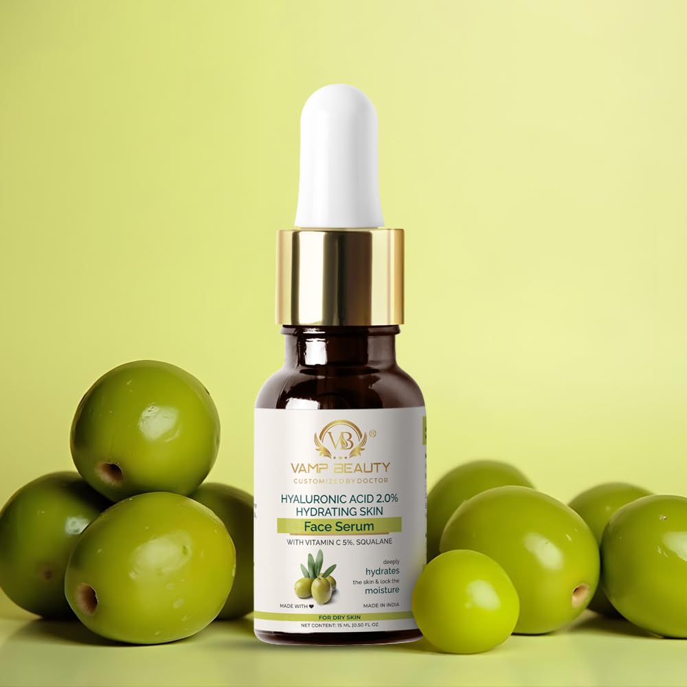 Vamp Beauty Hydrating Face Serum | with 5% Vitamin C, 2% Hyaluronic Acid & Squalane | Lightweight & Fast Absorbing | Anti-Wrinkle Moisturizer for Dry, Rough Skin | 15ml