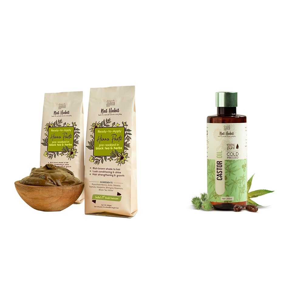 Nat Habit - Fresh Ready To Apply Henna Paste (Pack of 2 x 220g) and Nat Habit Cold Pressed 100% Pure Castor (Arandi) Oil for Skin & Hair - 200ml