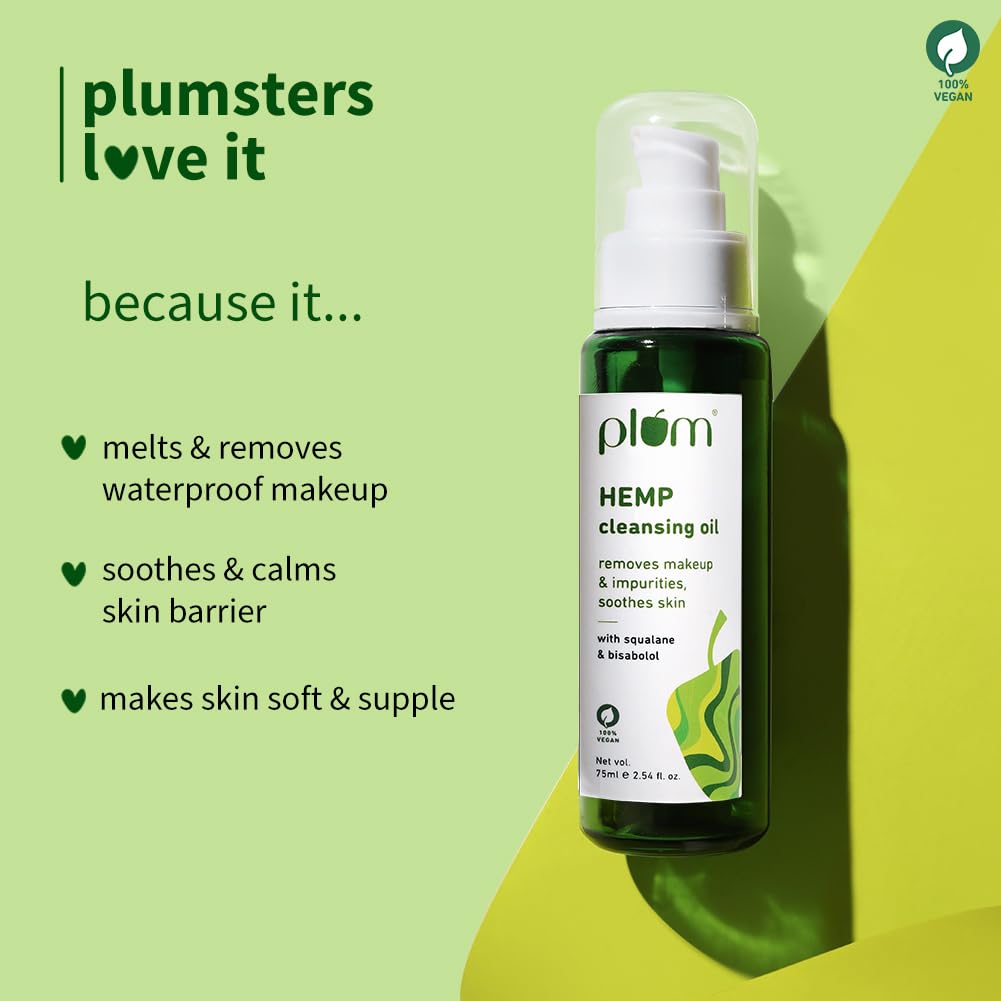 Plum Hemp Cleansing Oil | Removes Makeup & Impurities | Soothes Skin | With Squalane & Bisabolol | All Skin Types | 100% Vegan | 75ml