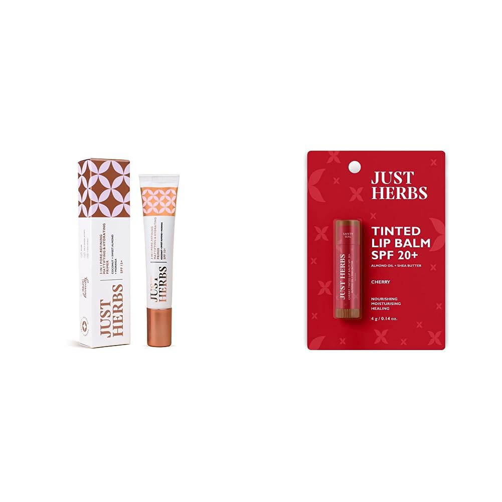 Just Herbs 3 in 1 Pore-Refining,Minimizer Mattifying & Hydrating Primer 20g & Just Herbs Tinted Lip Balm 4 g (Cherry) Combo