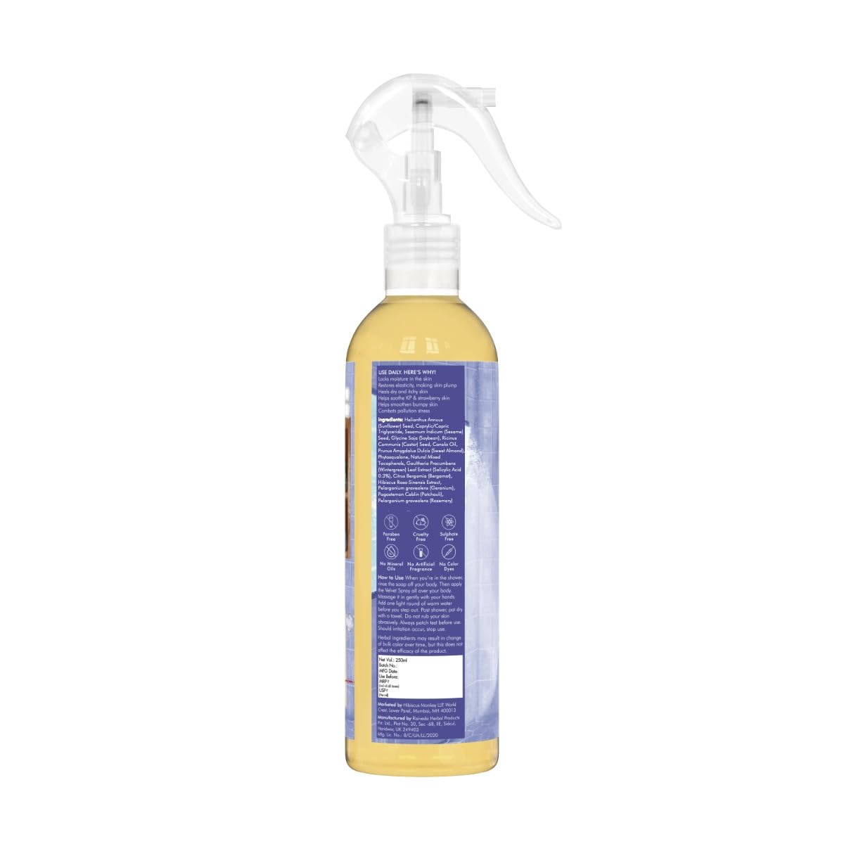 HIBISCUS MONKEY Velvet Spray Squalene In Shower Body Moisturizer | Olive Squalane, Castor Oil, Plant Salicylic (0.3%) | Intensive Moisturization For Dry Skin, Bumpy Skin| 250 Ml