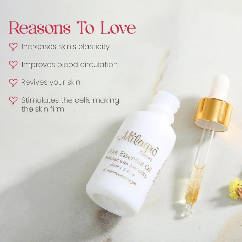 Milagro Beauty Essential Oil For Skin 24K Gold, Sunflower & Almond Oils, Toner Alcohol & Fragrance Free, Fades Blemishes, Brightens & Smoothens Skin, 100% Vegan Skincare Treatment (5Ml)