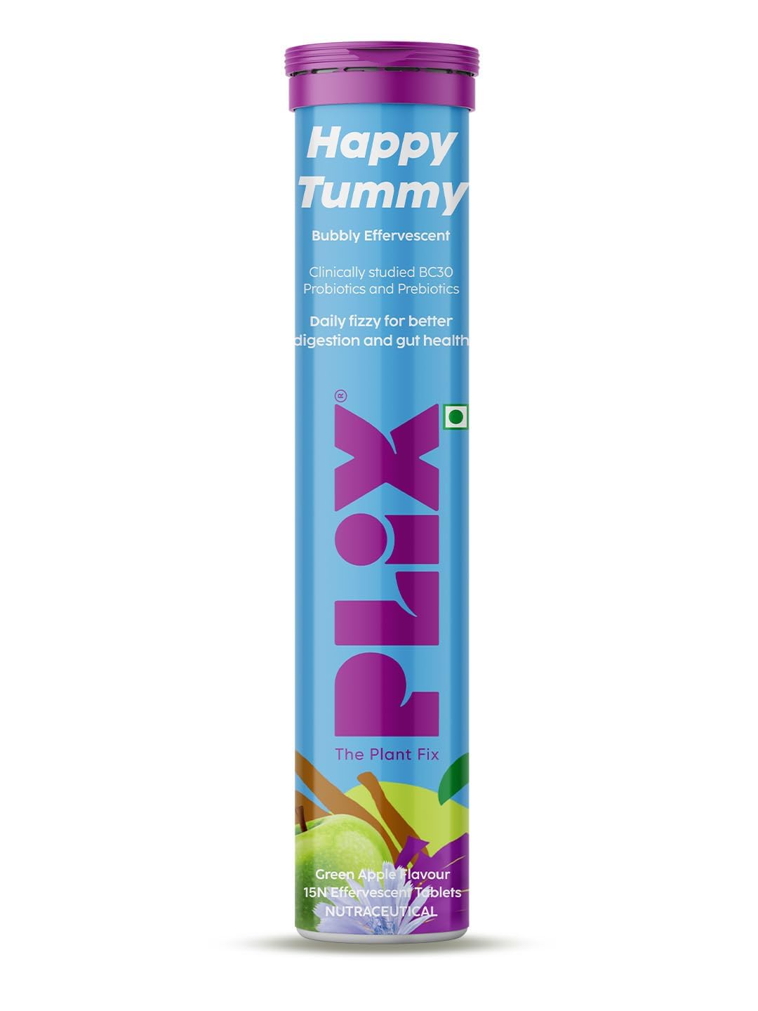 PLIX - THE PLANT FIX Happy Tummy Pre+Probiotic 15 Effervescent Tablets For Good Gut,Digestion,Metabolism With 20 Billion CFUs,Vital Probiotic Strains,Pack of 1 (Green Apple), 90 grams