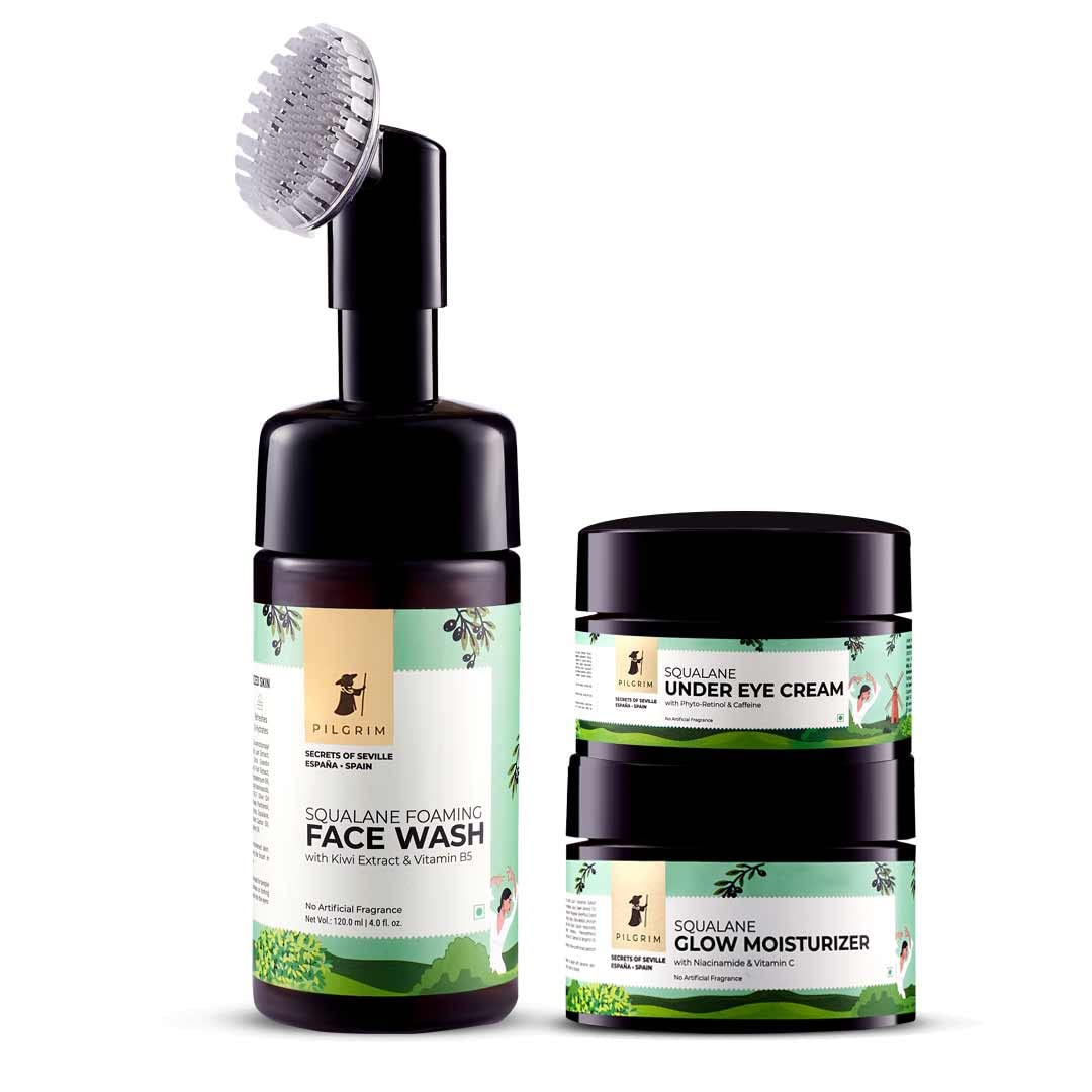 Pilgrim Glow & Illumination Eye Care Routine - Fights Dark Circles,Wrinkles | Under Eye Cream 50gm | Foaming Face Wash with Brush 120ml | Glow Moisturizer 50gm | All Skin Type