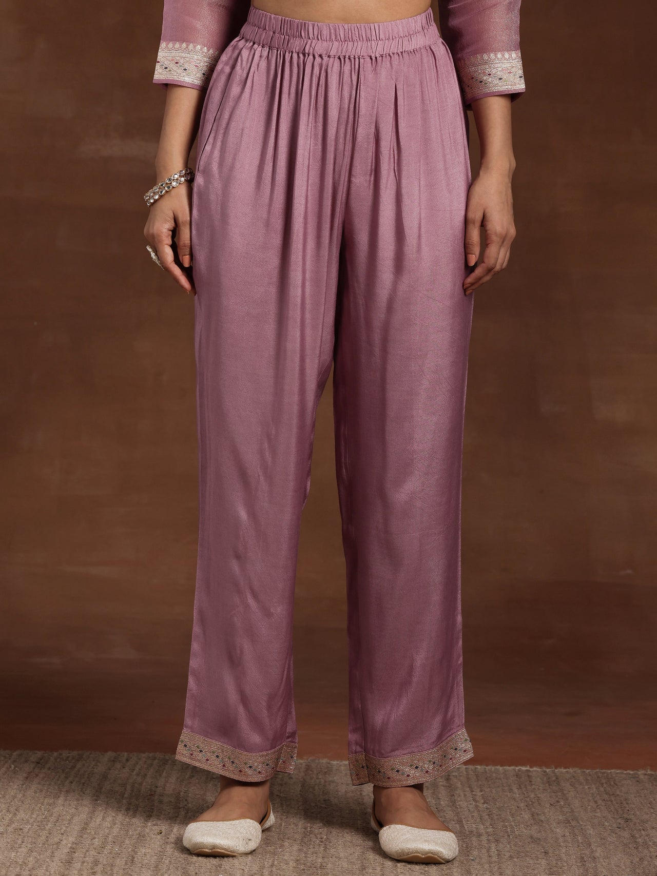 Mauve Woven Design Silk Blend Straight Kurta with Trousers & Dupatta