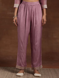 Mauve Woven Design Silk Blend Straight Kurta with Trousers & Dupatta