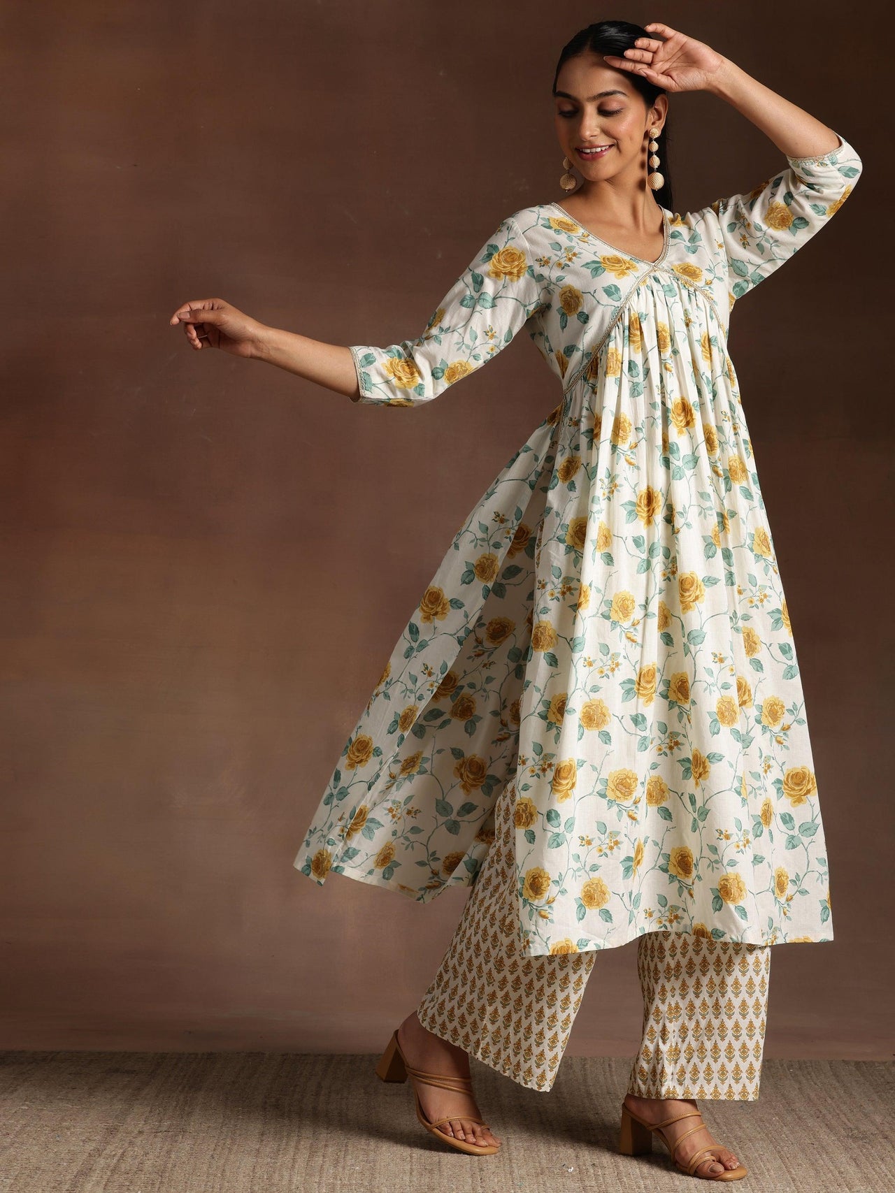 Gulkand off White Printed Cotton A-Line Kurta with Palazzos