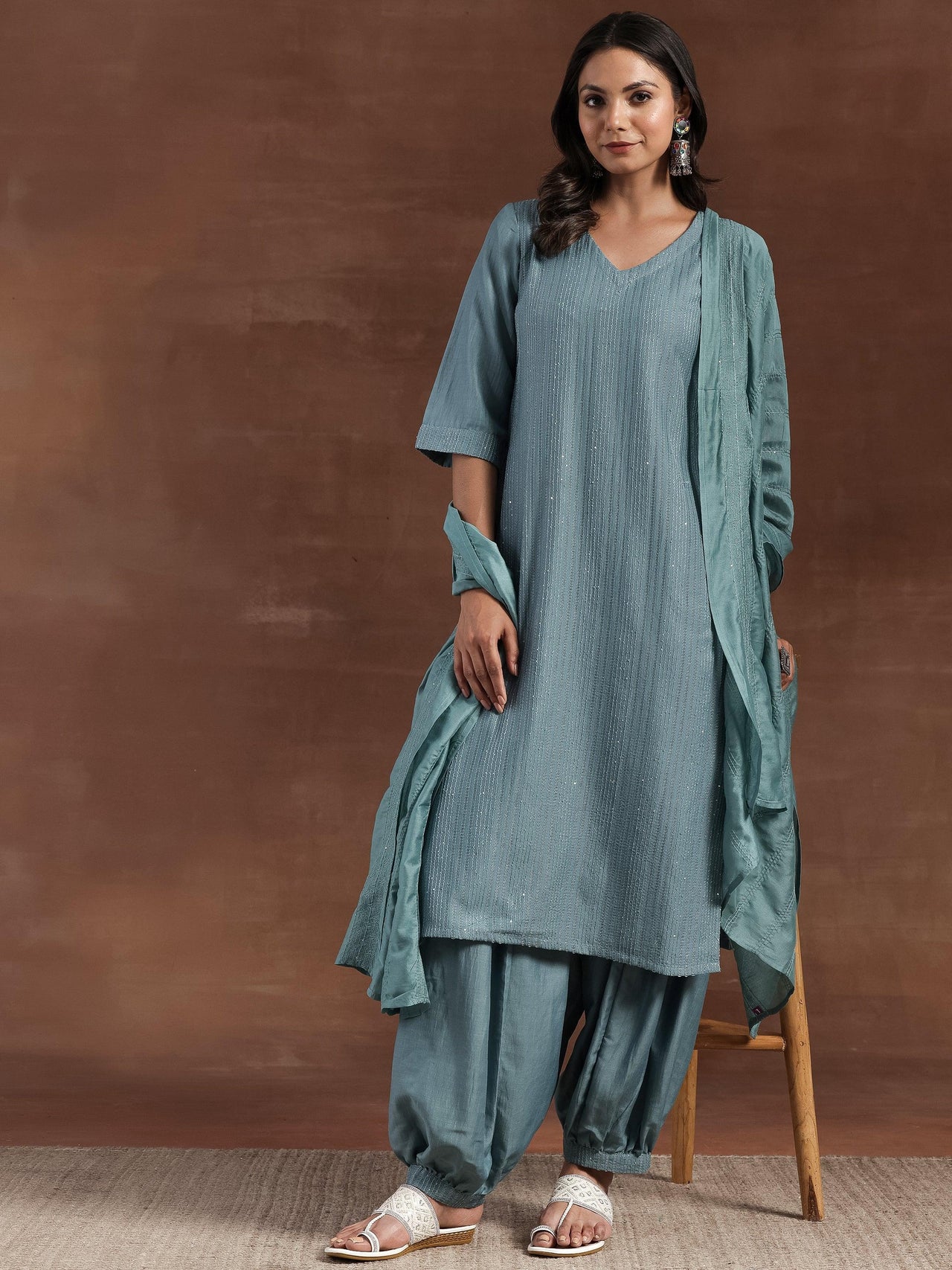 Grey Self Design Silk Blend Straight Suit with Dupatta