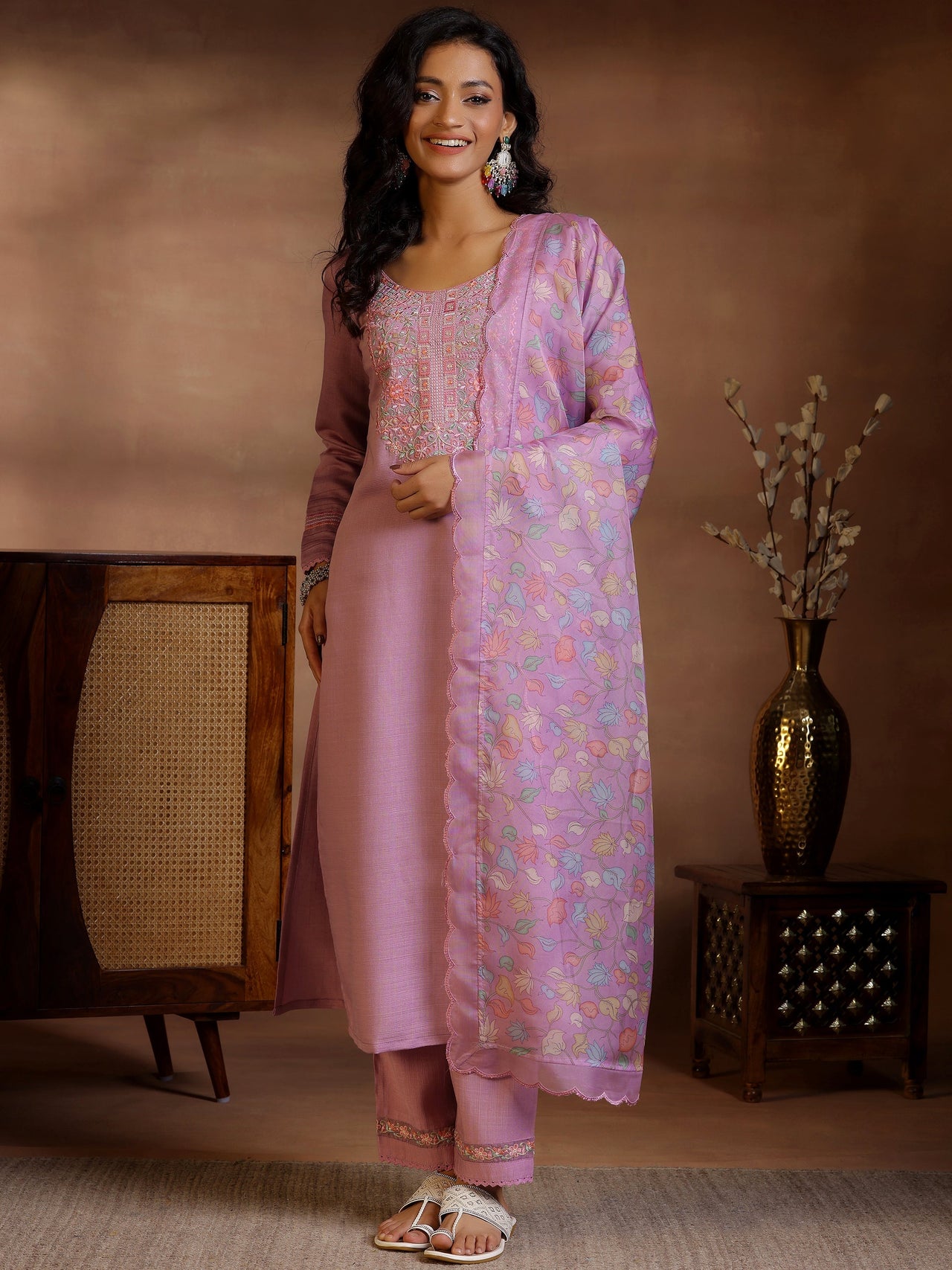 Lavender Yoke Design Silk Blend Straight Suits with Dupatta