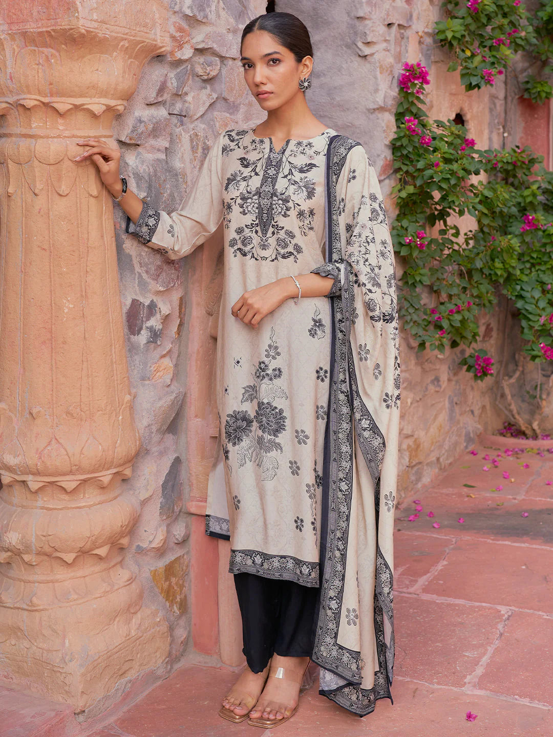 Monochrome Printed Silk Blend Straight Suit with Dupatta