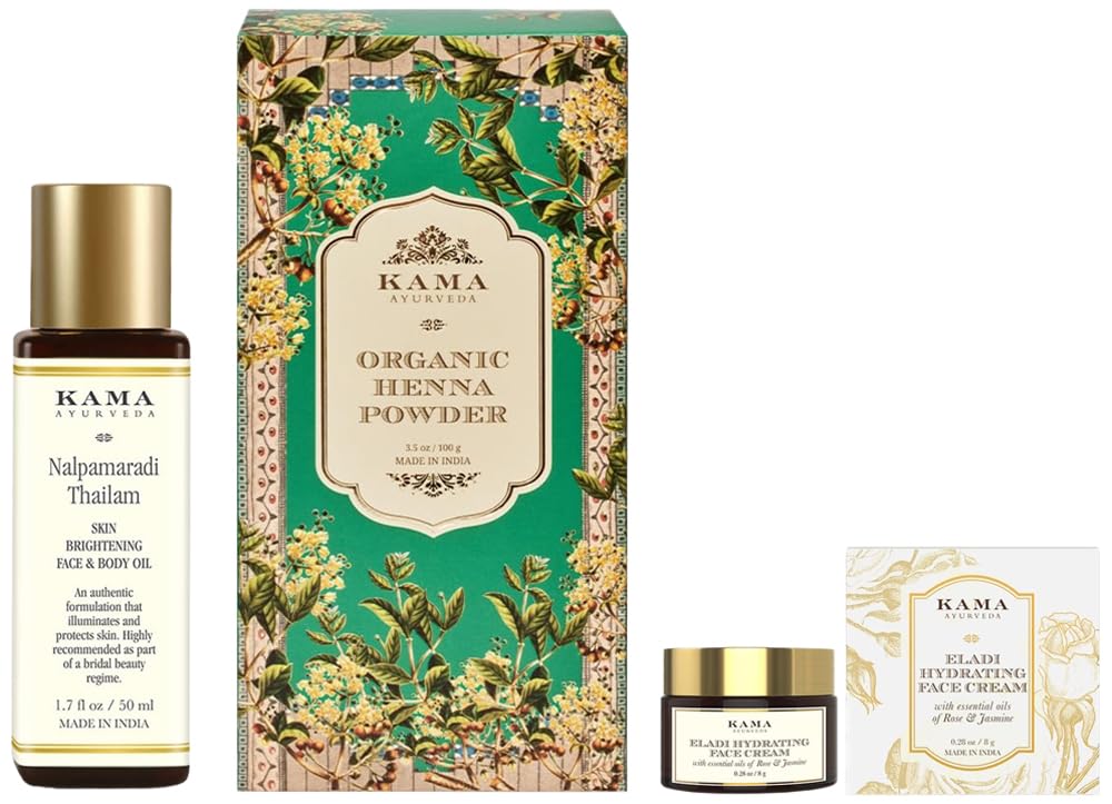 Kama Ayurveda Organic Henna Powder, 100g - Brown & Kama Ayurveda Nalpamaradi Thailam Skin Brightening Treatment- 50 ml & KAMA AYURVEDA ELADI HYDRATING FACE CREAM 8GM