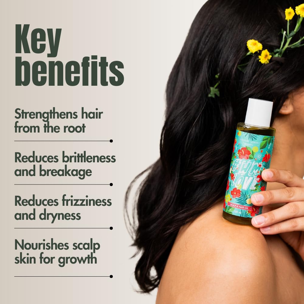 Hibiscus Monkey HM Love Scalp & Hair Oil | Promotes Hair Growth, Reduces Hair Fall | Scalp care | Anti Frizz | Real Hibiscus Flowers, Coconut Milk Oil | Natural | No Mineral Oil, Chemical-Free | 100mL