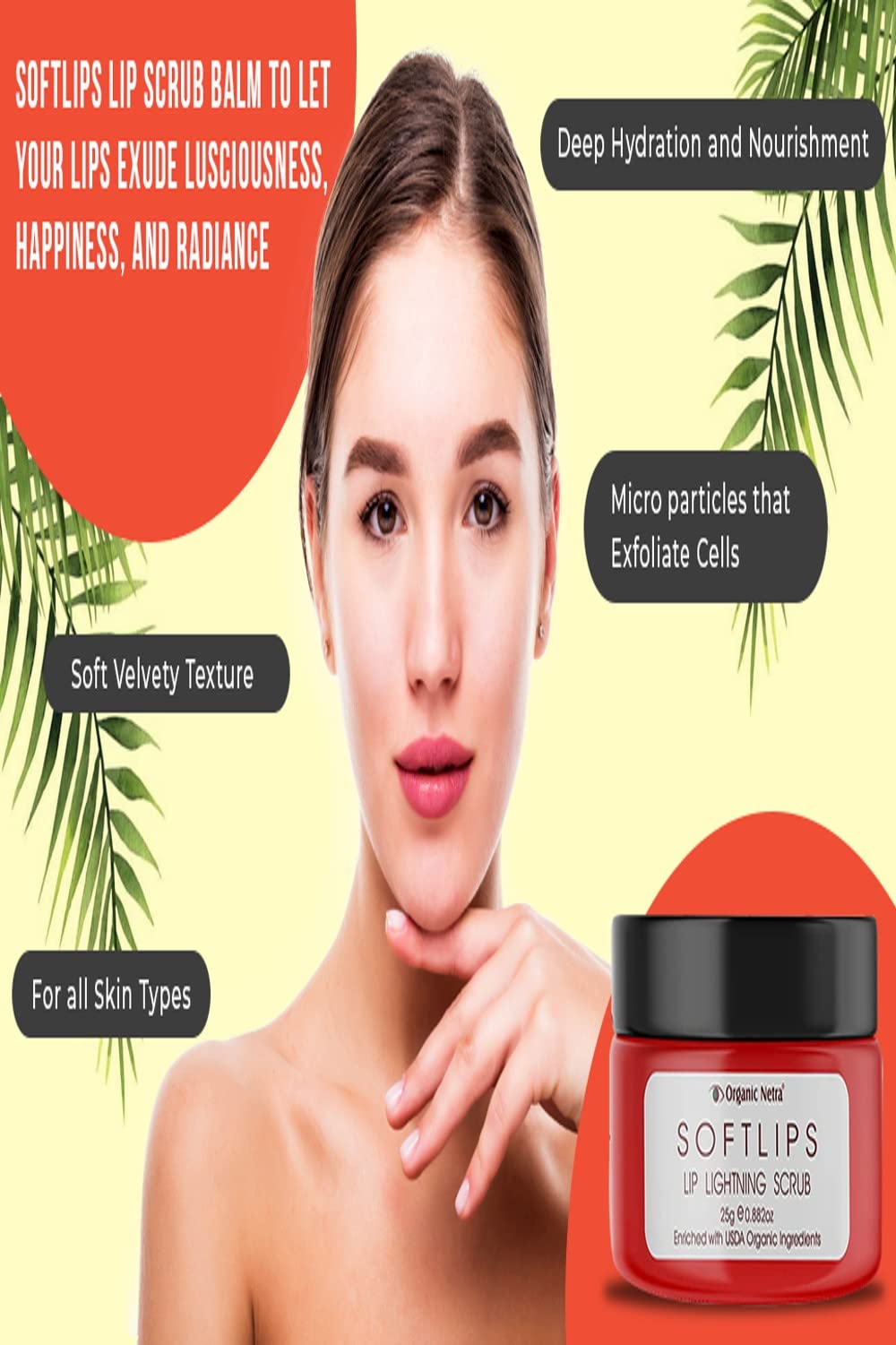 Organic Netra Lip Lightning Scrub for Soft Lip | Lightens, Brighten & Soften Lips |Moistures & Heals Dry and Chapped Lips |Enriched with Natural and Organic Ingredients with No Harmful Chemicals - 25g
